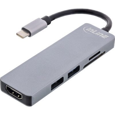 InLine® Multi-Hub USB 3.2 Gen.1, 2x USB-A, HDMI 4K/30Hz, Cardreader, Alu, grau (Produktbild 1)