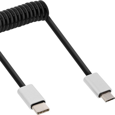 InLine® USB 2.0 Spiralkabel, USB-C ST an Micro-B ST, schwarz/Alu, flexibel, 0,5m (Produktbild 1)
