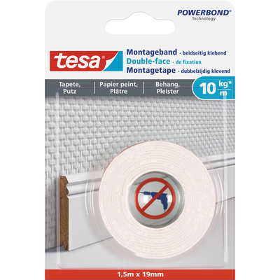 tesa Montageband, 1,5m x 19mm, für Tapeten und Putz, bis zu 10kg/m, weiß (Produktbild 1)